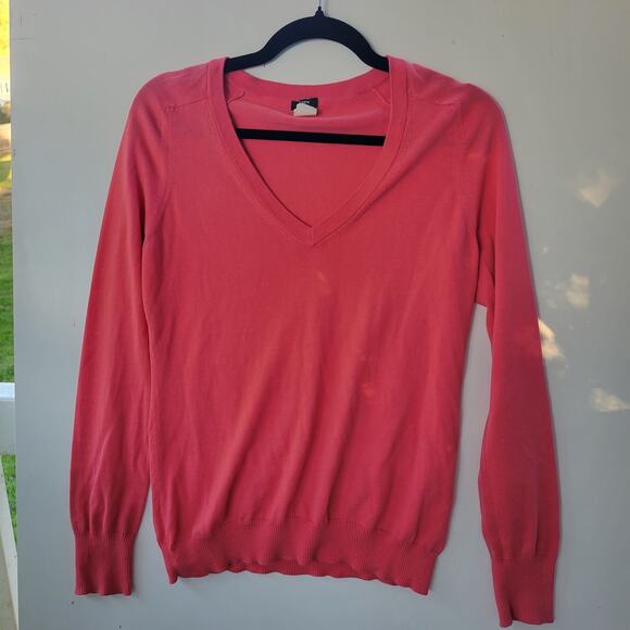J.Crew Women’s Medium Sweater Coral Pink V-Neck Pullover 100% Cotton Long Sleeve - Picture 1 of 7